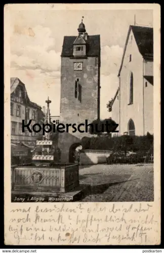 ALTE POSTKARTE ISNY IM ALLGÄU WASSERTOR MIT FLAGGE 1943 BRUNNEN Beflaggung cpa postcard AK Ansichtskarte