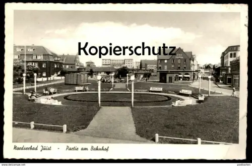 ÄLTERE POSTKARTE NORDSEE-BAD JUIST PARTIE AM BAHNHOF 1958 station gare North Sea Mi. Nr. 286 Jugendmarke cpa postcard AK