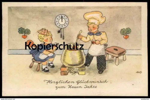 ALTE POSTKARTE KINDER KOCHEN BOWLE KOCH NEUJAHR enfants children new year nouvel an bouillir cook cooking cuisinier