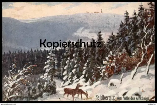 ALTE KÜNSTLER POSTKARTE FELDBERG IM TAUNUS AM FUSSE DES ALTKÖNIGS ALTKÖNIG WINTER Schnee Reh deer WIRO WIEDEMANN