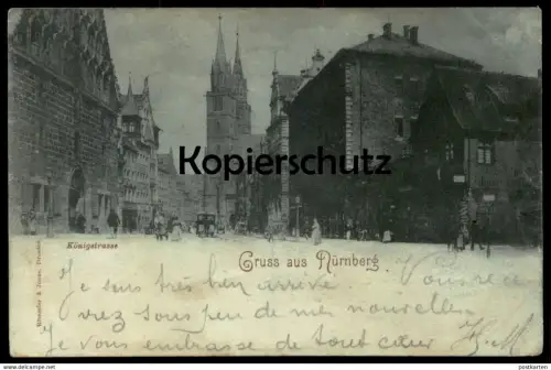 ALTE MONDSCHEIN POSTKARTE GRUSS AUS NÜRNBERG KÖNIGSTRASSE Pferdebahn Strassenbahn 1897 nach Paris cpa postcard AK