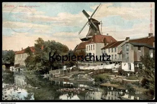 ALTE POSTKARTE EMDEN AM BURGGRABEN 1910 WINDMÜHLE WÄSCHE MOLEN mill windmill moulin à vent postcard cpa AK Ansichtskarte