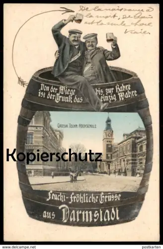 ALTE AK FEUCHT-FRÖHLICHE GRÜSSE AUS DARMSTADT TECHNISCHE HOCHSCHULE STUDENTICA montage photo surrealisme Bier beer mug