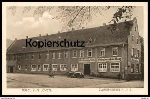 ALTE POSTKARTE ZWINGENBERG AN DER BERGSTRASSE HOTEL ZUM LÖWEN WEINGROSSHANDLUNG Auto old car oldtimer Wein vine vin cpa