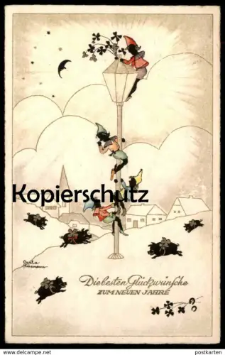 ALTE POSTKARTE NEUJAHR SCHWARZE ZWERGE Zwerg black dwarf midget nains noire Schweine Schwein pig pigs Carla Husmann