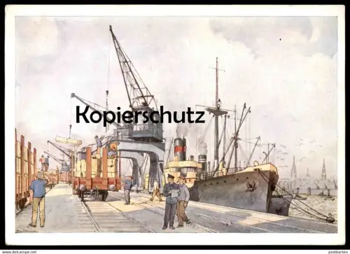 ALTE POSTKARTE DIE REICHSBAHN IM SEEHAFEN HAMBURG MAX TESCHEMACHER STEMPEL "Wille u. Leistung Ostfrieslands Emden 1939"