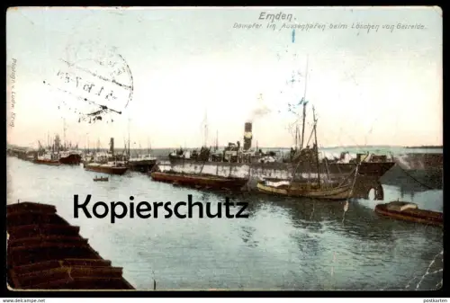 ALTE POSTKARTE EMDEN DAMPFER IM AUSSENHAFEN BEIM LÖSCHEN VON GETREIDE steamship bateau à vapeur cpa postcard corn cereal