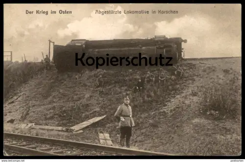 ALTE POSTKARTE KORSCHEN KORSZE OSTPREUSSEN ABGESTÜRZTE DAMPFLOK steam train locomotive à vapeur accident crash postcard