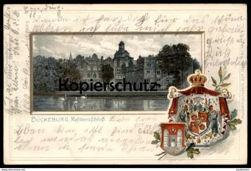 ALTE PRÄGE POSTKARTE BÜCKEBURG SCHLOSS PRÄGEKARTE WAPPEN 1902 Residenzschloss castle gold embossed gaufrée coat of arms