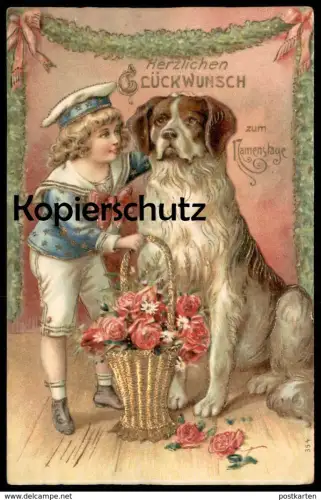ALTE PRÄGE POSTKARTE BERNHARDINER 1908 Saint Bernard Matrose Hund dog chien Namenstag embossed cpa vergoldet