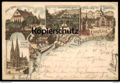ALTE LITHO POSTKARTE GRUSS AUS DEN BAUMBERGEN 1897 GASTHOF GERDES STEINBRUCH NOTTULN BILLERBECK Baumberge Ansichtskarte