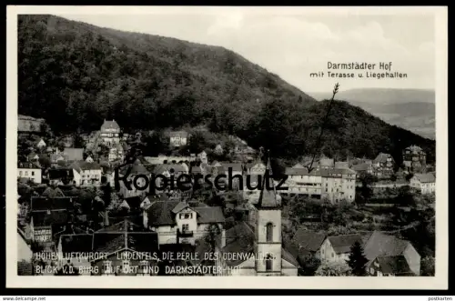 ALTE POSTKARTE LINDENFELS IM ODENWALD DARMSTÄDTER HOF UND BLICK VON DER BURG AUF DEN ORT Hotel Harfe AK cpa postcard