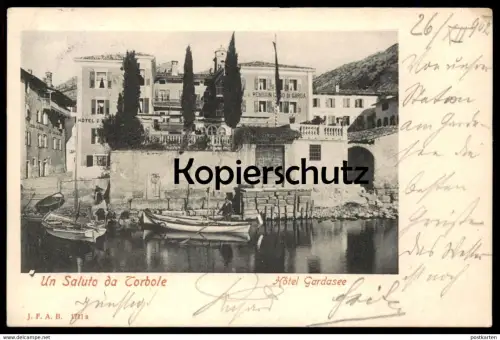 ALTE POSTKARTE UN SALUTO DA NAGO-TORBOLE HOTEL GARDASEE 1902 lago di garda Naag-Turbel AK Ansichtskarte cpa postcard