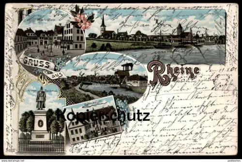 ALTE LITHO POSTKARTE GRUSS AUS RHEINE GYMNASIUM KRIEGERDENKMAL MARKTPLATZ EMS Total cpa postcard AK Ansichtskarte