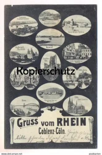 ALTE POSTKARTE GRUSS VOM RHEIN COBLENZ CÖLN MIKROSKOPKARTE Neuwied Andernach Linz Drachenburg Remagen Bonn Königswinter