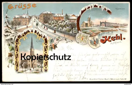ALTE WINTER LITHO POSTKARTE GRUSS AUS KEHL SCHNEE GRÜSSE 1899 RHEINBRÜCKE Strassenbahn Winterlitho Ansichtskarte cpa AK