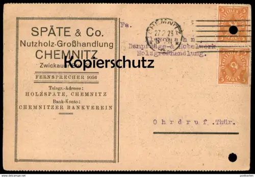 ALTE FIRMEN POSTKARTE CHEMNITZ SPÄTE & CO. 1923 NUTZHOLZ-GROSSHANDLUNG Holz wood nach Ohrdruf Ansichtskarte cpa postcard