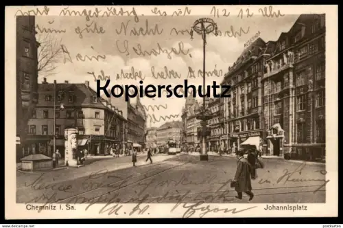 ALTE POSTKARTE CHEMNITZ JOHANNISPLATZ MURATTI SCHMANDT Geschäft Filmplakat Strassenbahn Rosenhof Globus Ansichtskarte AK