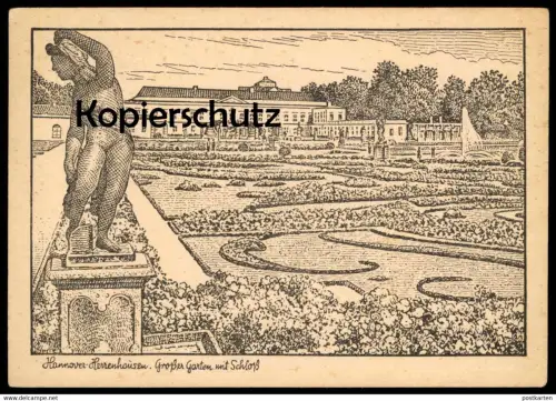 ALTE KÜNSTLER POSTKARTE HANNOVER HERRENHAUSEN GROSSER GARTEN MIT SCHLOSS BÜSTE 1945 Nachkriegskarte AK cpa postcard