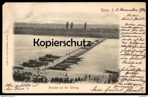 ALTE POSTKARTE RIESA PIONIERE BEI DER ÜBUNG PONTON Brücke bridge pont sapper sapeur military Soldaten AK postcard