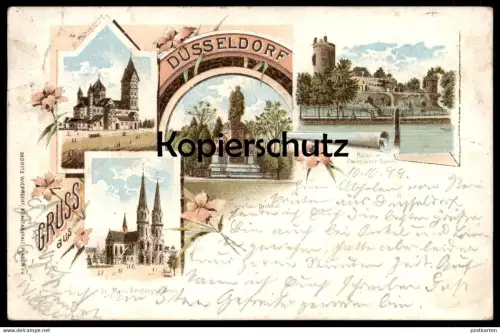 ALTE LITHO POSTKARTE GRUSS AUS DÜSSELDORF 1899 KIRCHE RUINE CORNELIUS DENKMAL monument AK Ansichtskarte postcard cpa