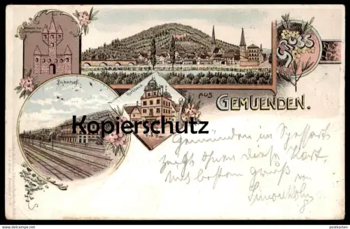 ALTE LITHO POSTKARTE GRUSS AUS GEMUENDEN 1898 BAHNHOF RATHHAUS WAPPEN TOTAL station gare blason Ansichtskarte postcard