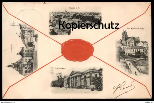 ALTE POSTKARTE GRUSS AUS PLAUEN SIEGEL THEATER SCHWARZER STEG MARKT seal sceau Prägekarte embossed cpa gaufrée gauffrée