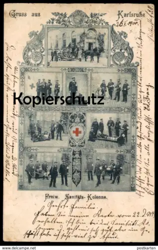 ALTE POSTKARTE GRUSS AUS KARLSRUHE FREIW. SANITÄTS-KOLONNE ambulance dog Hund chien ambulancier red cross Rotes Kreuz