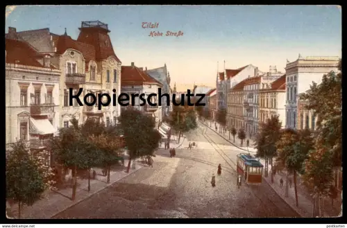 ALTE POSTKARTE TILSIT HOHE STRASSE STRASSENBAHN Tram Tramway Sowetsk Kaliningrad Ostpreussen cpa postcard Ansichtskarte