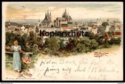 ALTE LITHO POSTKARTE ERFURT 1901 MÄDCHEN BLUMEN woman with flowers femme avec des fleurs Ansichtskarte AK postcard cpa