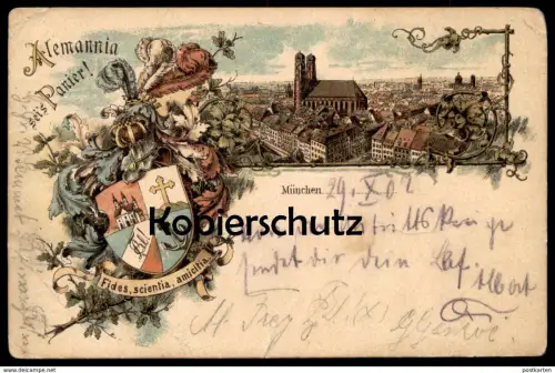 ALTE LITHO POSTKARTE MÜNCHEN STUDENTICA STUDENTIKA ALEMANNIA SEI'S PANIER Fides scientia amicitia Ansichtskarte postcard