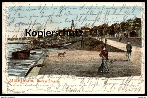 ALTE LITHO POSTKARTE KÖLN MÜLHEIM DEUTZER STRASSE 1904 Cöln Frau Hut hat Hund dog chien Ansichtskarte AK postcard cpa