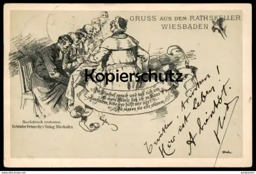 ALTE POSTKARTE GRUSS AUS DEM RATHSKELLER WIESBADEN 1903 BISCHOF Brevier bishop éveque humor humour Ratskeller  postcard