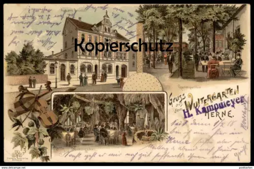ALTE LITHO POSTKARTE GRUSS AUS DEM WINTERGARTEN KAMPMEYER HERNE ÄUSSERE ANSICHT GARTENPARTIE Violine Geige violin AK