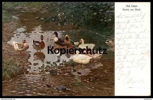 ALTE KÜNSTLER POSTKARTE ENTEN AM BACH SIGN. AD. ADOLF LINS 1926 Ente duck canard cane ducks canards