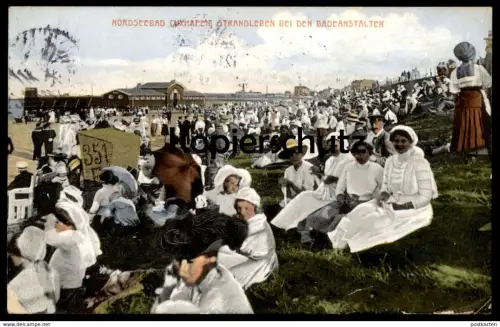 ALTE POSTKARTE CUXHAFEN STRANDLEBEN BEI DEN BADEANSTALTEN CUXHAVEN Frauen women bathing suite Hut hat chapeau Schirm