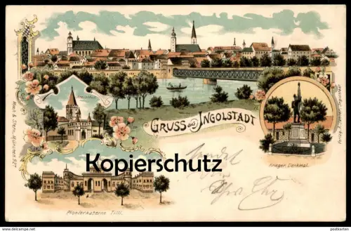 ALTE LITHO POSTKARTE GRUSS AUS INGOLSTADT 1899 PIONIERKASERNE TILLI KASERNE KRIEGERDENKMAL KREUZTHOR cpa postcard AK