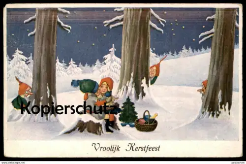 ALTE POSTKARTE ZWERGE VROOLIJK KERSTFEEST ZWERG Liebespaar dwarf midget nains nain hiver snow Schnee neige love couple