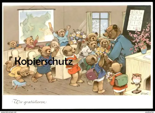 ÄLTERE POSTKARTE TEDDYBÄRENSCHULE TEDDY BÄR EULE OWL School Beer Bear Ours Oso Nounours Bären Ansichtskarte cpa postcard