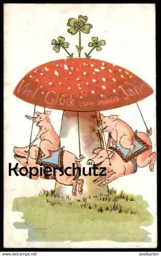 ALTE POSTKARTE VIEL GLÜCK ZUM NEUEN JAHR FLIEGENPILZ SCHWEINE KARUSSELL fly agaric chairoplane carousel carrousel pig