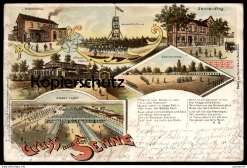 ALTE LITHO POSTKARTE GRUSS AUS DER SENNE TRUPPENÜBUNGSPLATZ SENNELAGER PADERBORN SOLDATEN WACHTLOCAL SENNEKRUG Soldat AK