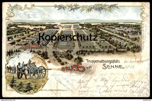 ALTE LITHO POSTKARTE GRUSS VOM TRUPPENUEBUNGSPLATZ SENNE SENNELAGER PADERBORN SOLDATEN GESCHÜTZ soldats soldiers cannon