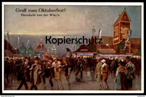 ALTE POSTKARTE MÜNCHEN GRUSS VOM OKTOBERFEST 1934 HEIMKEHR VON DER WIESN KÜNSTLER AK Emil Köhn cpa postcard