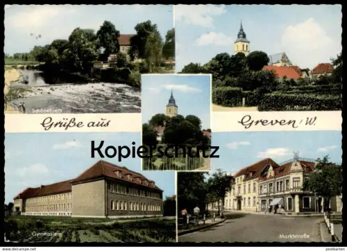 ÄLTERE POSTKARTE GRÜSSE AUS GREVEN GYMNASIUM MARKTSTRASSE ST. MARTIN SCHÖNEFLIETH Schule school ecole Ansichtskarte AK