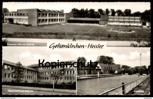 ÄLTERE POSTKARTE GELSENKIRCHEN-HESSLER THOMAS MORUS-SCHULE MELANCHTHON-SCHULE FREIBAD Bad swimming pool cpa postcard AK