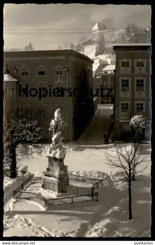 ÄLTERE POSTKARTE TITTMONING BEI TRAUNSTEIN MARIENSÄULE FRISEUR SALON BURG 1961 Winter snow neige monument Salzach  AK