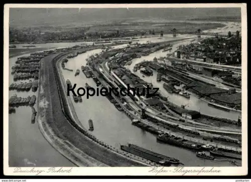ALTE POSTKARTE DUISBURG RUHRORT HAFEN-FLIEGERAUFNAHME 1932 Frachtschiff Schiff port cargo freight ship canal postcard