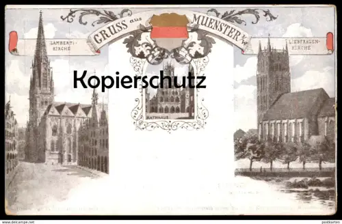 ALTE POSTKARTE GRUSS AUS MÜNSTER LAMBERTIKIRCHE RATHAUS LIEBFRAUENKIRCHE Wappen Blason Kirche Kirchen Church église cpa