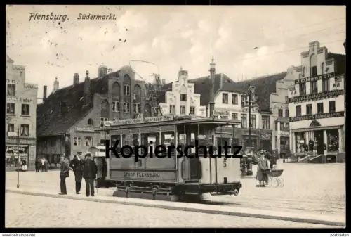 ALTE POSTKARTE FLENSBURG SÜDERMARKT STRASSENBAHN NR. 5 Hafermarkt Holm Apenrader Str. Tram Tramway Central-Theater Wurst