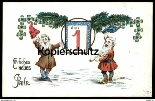 ALTE POSTKARTE ZWERGE EIN FROHES NEUES JAHR 1. JANUAR Zwerg Neujahr new year bonne année dwarf midget Pfeife pipe cpa